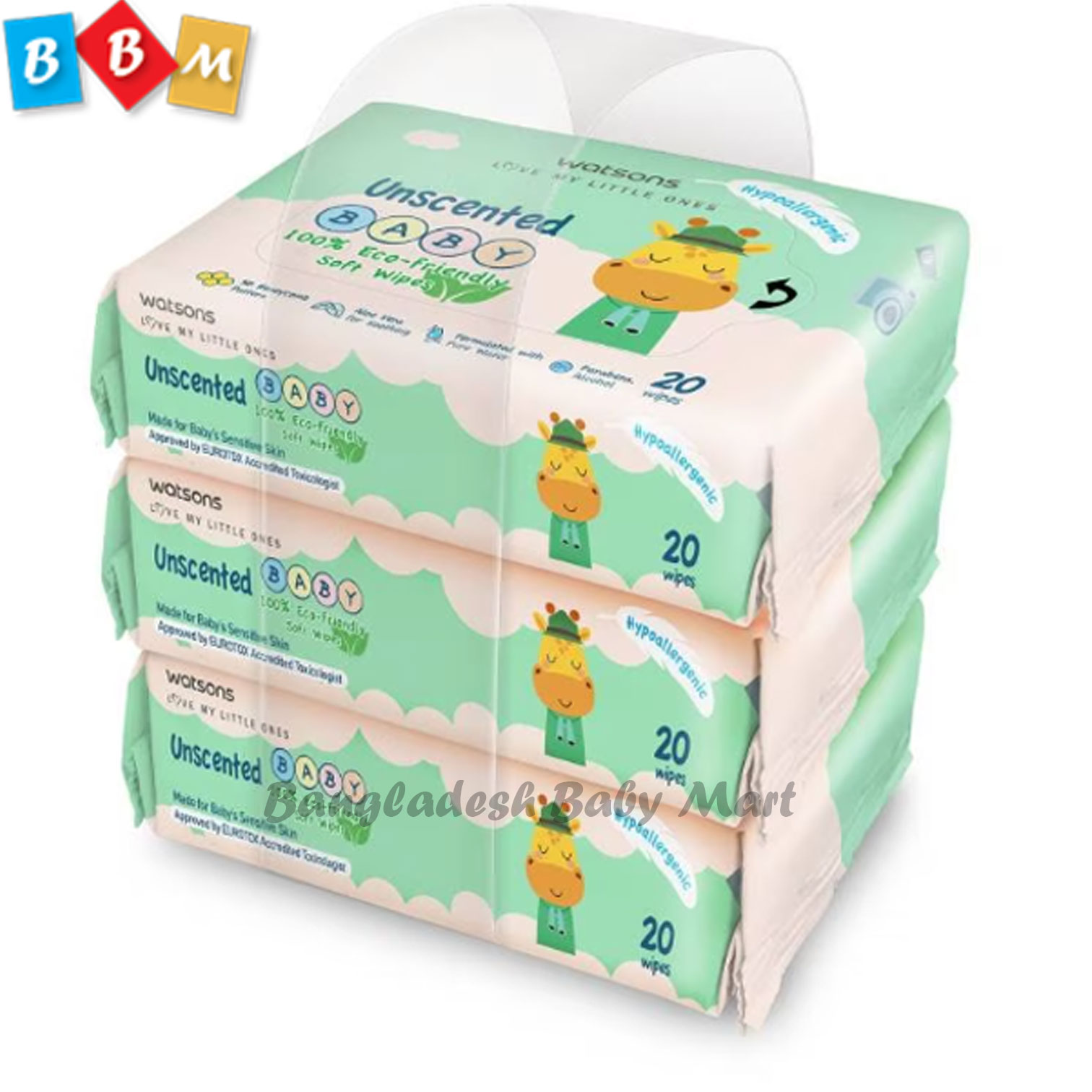 Watsons Unscented Baby 100 Eco-Friendly Soft Wipes 20s x 3 packs.
